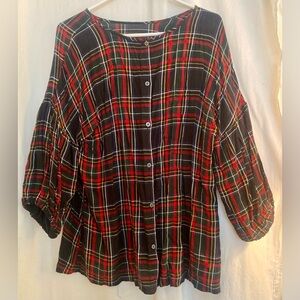 Plaid Button-Front or back! Tunic Top in Black and Red Size XL